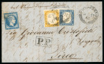MESSINA: 1861 (5.11) Folded lettersheet to Pireo (Greece), franked Sardinia 20c + 80c, both tied by MESSINA cds, with similar and Greece 20L blue applied on arrival to pay the internal postage alongside, a fine colourful