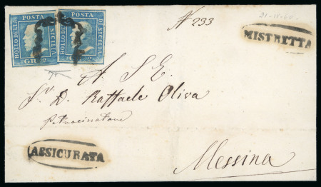 MISTRETTA: 1860 Folded letter sheet sent to Messina, franked 2 Gr. two single, showing oval MISTRETTA and ASSICURATA both in black alongside, arrival bs, attractive and rare.  Expertise: Cert. Giacomo Bottacchi, AIEP (20