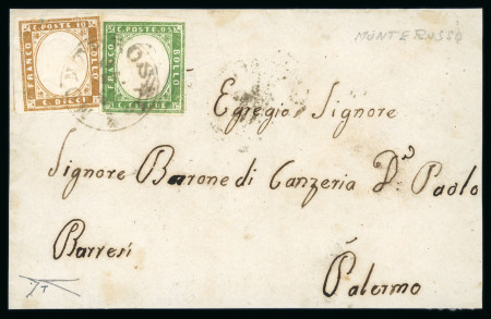 MONTEROSSO: 1861 (9.5) Folded lettersheet front to Palermo, franked Sardinia 5c + 10c, both neatly tied by MONTEROSSO cds, a fine colourful and attractive franking.