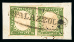 PALAZZOLO: Sardinia 5c green, pair tied on fragment by oval PALAZZOLO, a very fine and scarce strike.  Expertise: Cert. Giacomo Bottacchi, AIEP (2026).