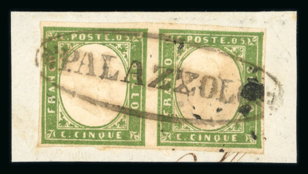 PALAZZOLO: Sardinia 5c green, pair tied on fragment by oval PALAZZOLO, a very fine and scarce strike.  Expertise: Cert. Giacomo Bottacchi, AIEP (2026).