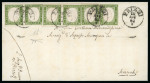 PRIZZI: 1861 Sardinia 5c green, six good to large margined singles, tied on 1862 folded cover to Montrele by neat strike of the black PRIZZI cds in black, a very fine and an attractive usage especially.  Expertise: Cert.