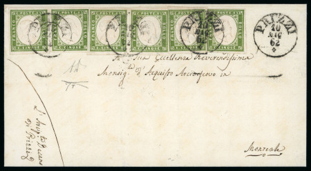 PRIZZI: 1861 Sardinia 5c green, six good to large margined singles, tied on 1862 folded cover to Montrele by neat strike of the black PRIZZI cds in black, a very fine and an attractive usage especially.  Expertise: Cert.