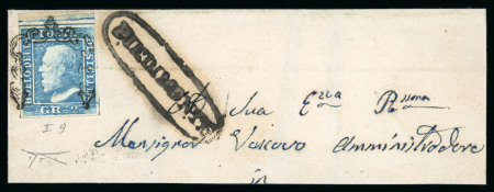 PIEDMONTE: 1859 Large part cover franked 2Gr., plate I, position 9, showing large oval PIEDMONTE alongside, Messina ds on reverse, very fine and scarce.  Expertise: Cert. Giacomo Bottacchi, AIEP (2026).