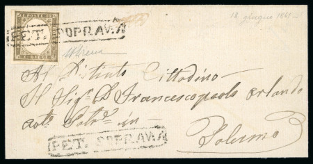 PET. SOPRANA: 1861 Sardinia 10c light brown, large margined single on foded cover to Palermo, neatly tied by oval PET. SOPRANA in black, with similar alongside, arrival bs, very fine and scarce.  Expertise: Signed A.Dien
