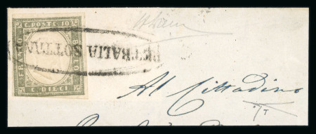 PETRALIA SOTTANA: 1861 Sardinia 10c light brown, touched to large margined single on part cover fragment, tied oval PETRALIA SOTTANA in black (Osf. black - P.13), arrival bs, very fine and scarce.  Expertise: Signed A.Di