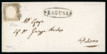 RAGUSA: 1861 Sardinia 10c light brown, large margined single on folded cover to Palermo, showing oval RAGUSA in black (Osf. black - PR.3) alongside, arrival bs, very fine and an important rarity.  Expertise: Signed "ED" 