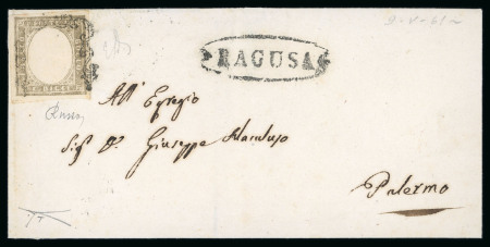 RAGUSA: 1861 Sardinia 10c light brown, large margined single on folded cover to Palermo, showing oval RAGUSA in black (Osf. black - PR.3) alongside, arrival bs, very fine and an important rarity.  Expertise: Signed "ED" 
