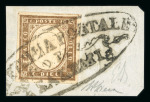 SALEMI: 1861 Sardinia 10c brown, large to very large margined single on fragment, tied oval OFFICINA POSTALE/SALEMI in black. Very fine and a wonderful example of this unique cancel, showpiece.  Expertise: Cert. Alberto 