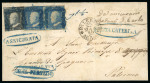 SANTA CATERINA: 1859 Folded registered lettersheet to Palermo, franked 2Gr. pair and 20Gr. grey, neatly tied by blue cancels, with oval strikes in blue of SANTA CATERINA, plus ASSICURATA and REAL SERVIZIO alongside, very