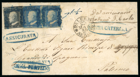 SANTA CATERINA: 1859 Folded registered lettersheet to Palermo, franked 2Gr. pair and 20Gr. grey, neatly tied by blue cancels, with oval strikes in blue of SANTA CATERINA, plus ASSICURATA and REAL SERVIZIO alongside, very