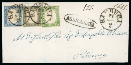 SAMBUCA: 1861 (24.10) Registered folded lettersheet to Palermo, franked Sardinia 5c + 10c + 20c, all neatly tied by SAMBUCA cds, with oval ASSICURATA alongside, a fine colourful franking paying the single rate domestic r