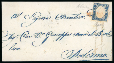 SCIACCA: 1861 Sardinia 20c tied by oval red SCIACCA cancel on cover to Palermo, very fine and extremely rare red strike.  Expertise: Signed A.Diena, Russo, cert. Giacomo Bottacchi, AIEP (2026).