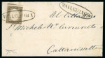 VALLELUNGA: 1861 10c dark brown, good to huge margins, tied by clear strike of the oval VALLELUNGA in black, with similar alongside, on cover to Cattanissetta, very fine and scarce.  Expertise: Cert. Giacomo Bottacchi, A