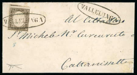 VALLELUNGA: 1861 10c dark brown, good to huge margins, tied by clear strike of the oval VALLELUNGA in black, with similar alongside, on cover to Cattanissetta, very fine and scarce.  Expertise: Cert. Giacomo Bottacchi, A
