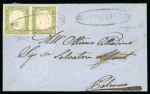 SICULIANA: 1861 Sardinia 5c green, two singles with touched to large margined singles, on cover to Palermo, tied by fancy oval SICULIANA with similar alongside, very fine and scarce.  Expertise: Cert. Giacomo Bottacchi, 