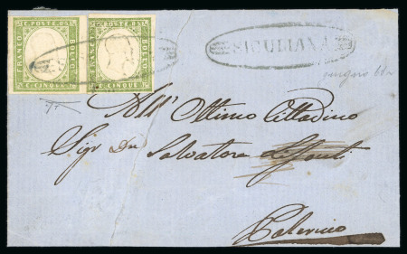 SICULIANA: 1861 Sardinia 5c green, two singles with touched to large margined singles, on cover to Palermo, tied by fancy oval SICULIANA with similar alongside, very fine and scarce.  Expertise: Cert. Giacomo Bottacchi, 