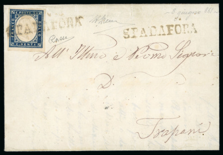 SPADAFORA: 1861 (8.6) Folded entire via Palermo to Trapani, franked Sardinia 20c blue, very large margined single, tied clear straight line SPADAFORA in black, with similar alongside, extremely fine and an important canc