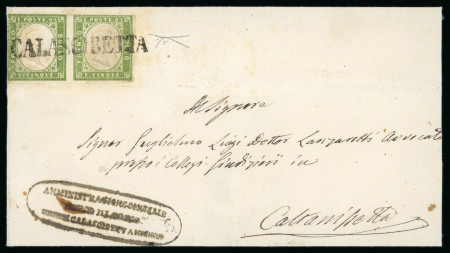 CALASCIBETTA: 1861 Sardinia 5c green, horizontal pair, showing close to large margins, tied on cover by clear straight-line CALASCIBETTA in black (Osf. black - P.R3), with administrative oval cachet of the same town alon