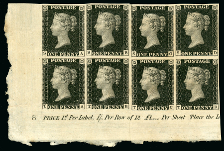1840. 1d black, Plate 8, lettered SA-TB and SC-TD reconstructed block of 8.