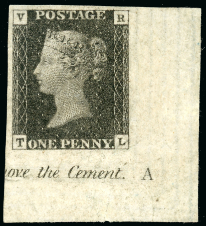 1840 One Penny black VR Official, imprimatur (before Hardening) lettered TL from the lower right of the sheet showing the plate letter “A”