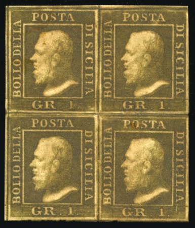 1859 1 Gr. Plate II, porous paper (PA), dark olive-brown (bruno oliva scuro), block of four with good even margins, large part original brownish gum. A very fine and attractive multiple.   Expertise: Cert. Alberto Diena 