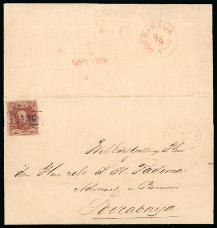 1864, 10 cent red on letter sent from sub-post office Malang to Soerabaya.