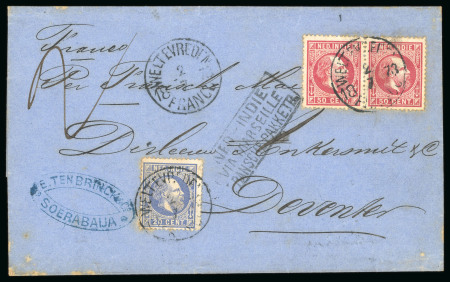 Weltevreden. 1870, 20 cent blue and 50 cent red in pair on folded letter of second weight step from Weltevreden to Deventer