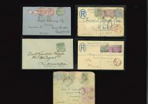 1889–1900 Squared Circle Cancellations: Group of five covers illustrating the attractive squared-circle datestamps of Larnaca, Limassol, and Nicosia. Included are two Size F 2pi registered envelopes, both uprated for ove