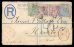 1889–1900 Squared Circle Cancellations: Group of five covers illustrating the attractive squared-circle datestamps of Larnaca, Limassol, and Nicosia. Included are two Size F 2pi registered envelopes, both uprated for ove