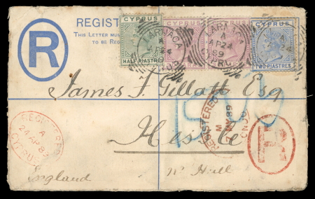 1889–1900 Squared Circle Cancellations: Group of five covers illustrating the attractive squared-circle datestamps of Larnaca, Limassol, and Nicosia. Included are two Size F 2pi registered envelopes, both uprated for ove
