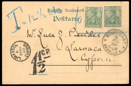 1900 Incoming picture postcard from Württemberg (Germany) to Larnaca, uprated with a 5pf German stamp, which was not valid for postage as Württemberg continued to use its own postage stamps. The franking was