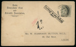 1892–1911 Group of five items, comprising three postcards and one taxed part cover from Greece, together with an unusual ½pi adhesive used contrary to regulations on a cover from Leeds, England, bearing the black "1d/447