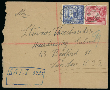 1936 Registered envelope from Dhali to London, franked with KGVI Pictorial 4pi, tied by DHALI/16.NOV.36 circular datestamp. Bearing a manuscript registered label inscribed "DALI/3925", entirely completed by hand in lieu 
