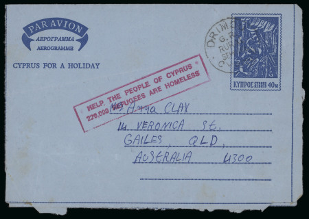 1964–78 Aerogrammes. Group of seven used aerogrammes, including three cancelled by the DRIMOU RURAL SERVICE / G.R. handstamp, one additionally bearing the boxed cachet "HELP THE PEOPLE OF CYPRUS / 220,000 REFUGEES ARE HO