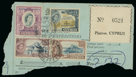 1960–61 Independence Overprints. Attractive trio of items, all franked with the first Independence overprinted issue, comprising a registered airmail cover from Limassol to California, U.S.A., a registered airmail cover 
