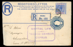 1915 Two items both bearing octagonal violet MARTIAL LAW/PASSED CENSOR/CYPRUS, one on Greek 10L postal card to Cyprus with Limassol arrival ds, plus 2pi size F registered envelope uprated with KGV 2pi, addressed to Switz