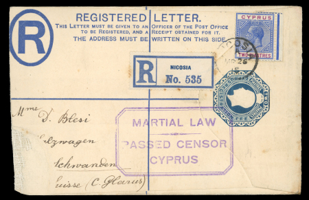 1915 Two items both bearing octagonal violet MARTIAL LAW/PASSED CENSOR/CYPRUS, one on Greek 10L postal card to Cyprus with Limassol arrival ds, plus 2pi size F registered envelope uprated with KGV 2pi, addressed to Switz