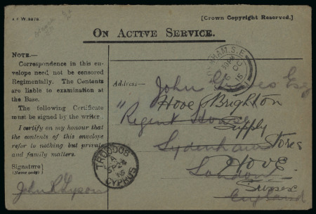 1915 On Active Service printed envelope from Troodos to London and redirected to Hove, showing TROODOS A/SP.24.15/CYPRUS cds, fine and scarce.