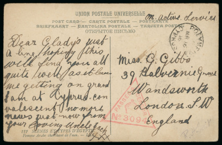 1916 On Active Service, two items with picture postcard and envelope, both bearing triangular censor mkgs, used from Polymedia and Troodos, a fine pair (2).
