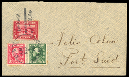USS Des Moines and the Armenian Refugee Evacuation  1915 envelope from Larnaca to Egypt, franked with United States 1¢ and 2¢ stamps together with a Panama Canal 2¢ stamp, all tied by the duplex “USS DES MOINES / AM DEC 