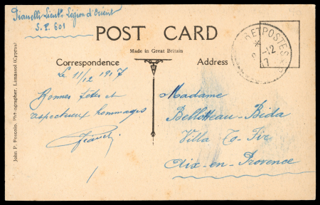 French Military Post in Cyprus  1917 (8 Oct.) Stampless picture postcard depicting the Landing Stage, Famagusta, sent from Monarga to Paris, bearing the rare French Military Post datestamp "TRÉSOR ET POSTES 9–12 / 17" (T