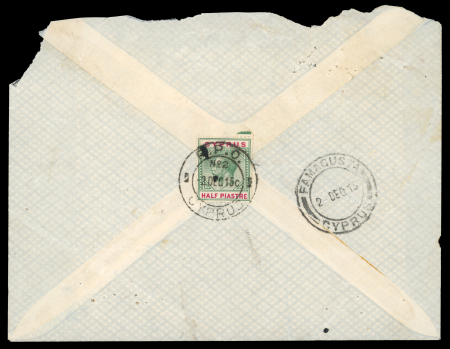 Cyprus Railway Travelling Post Office — R.P.O. No. 5  1915 envelope addressed to Famagusta, franked on the reverse with a King George V ½ piastre stamp, tied by a very fine strike of the scarce Cyprus railway ambulant po