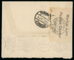 1915 (23 Oct.) Incoming cover from Greece to Larnaca, bearing the scarce Martial Law / PASSED CENSOR / CYPRUS sealing label on the reverse, with LARNACA / 23 OC 15 / CYPRUS arrival datestamp. A very fine and scarce examp