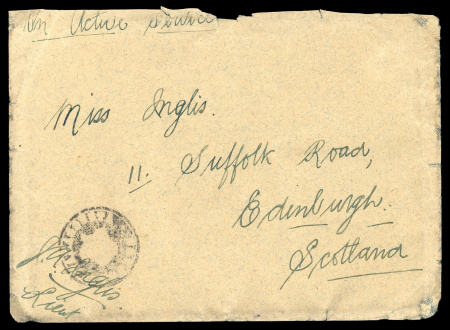 Karaolos Army Camp – Active Service Mail  1915 stampless On Active Service cover cancelled with the Famagusta bag datestamp and addressed to Edinburgh, Scotland. Sent from Karaolos Camp, the principal British Army camp i