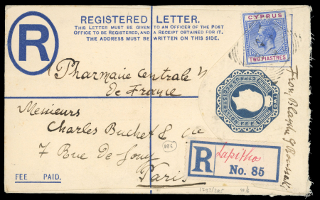 1918 (13.9) Registered envelope size F addressed to Paris, franked KGV 2pi tied squared circle LAPITHOS/CYPRUS cds with registered label showing manuscript "Lapithos" alongside, transit KYRENIA B/SP.19/CYPRUS cds on reve