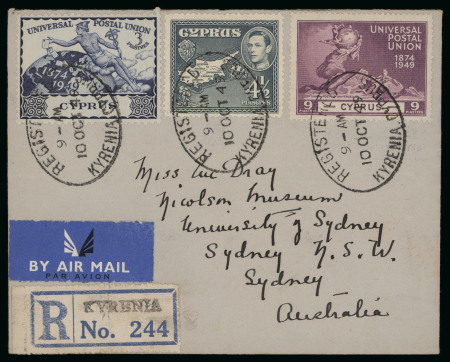 1949 UPU. 10 October complete set on First Day Cover, together with a second complete set on censored cover to Cairo, and a registered cover from Kyrenia bearing two UPU values with additional franking. A fine and attrac