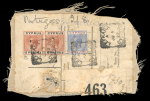 Lefkara & Nicosia Parcel Post Labels  Parcel-post label franked with KGV 12pi (2) and 2pi, making a total franking of 26 piastres. All stamps are cancelled by clear “LEFKARA / 5 JU 22” datestamps. An attractive and scarc