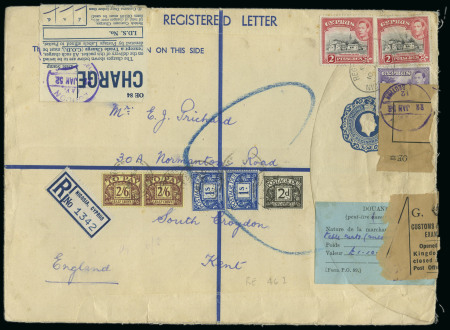1952 Size I 3pi blue registered envelope to England, uprated with Pictorial 4½pi, tied by REGISTERED/NICOSIA, CYPRUS oval datestamp. On arrival, the cover was charged 7s 2d in Great Britain Postage Due stamps, apparently