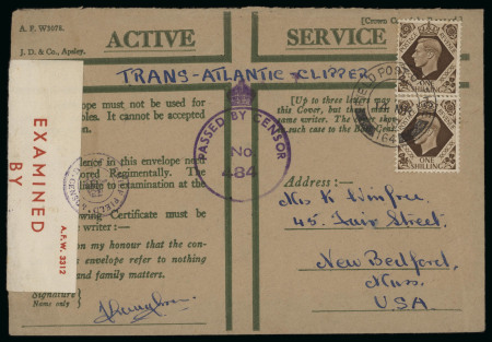 1940–42 Second World War Censorship. Fine group comprising six covers and three documents, showing a variety of wartime censorship markings, predominantly the violet Crown / PASSED BY CENSOR boxed and circular handstamps